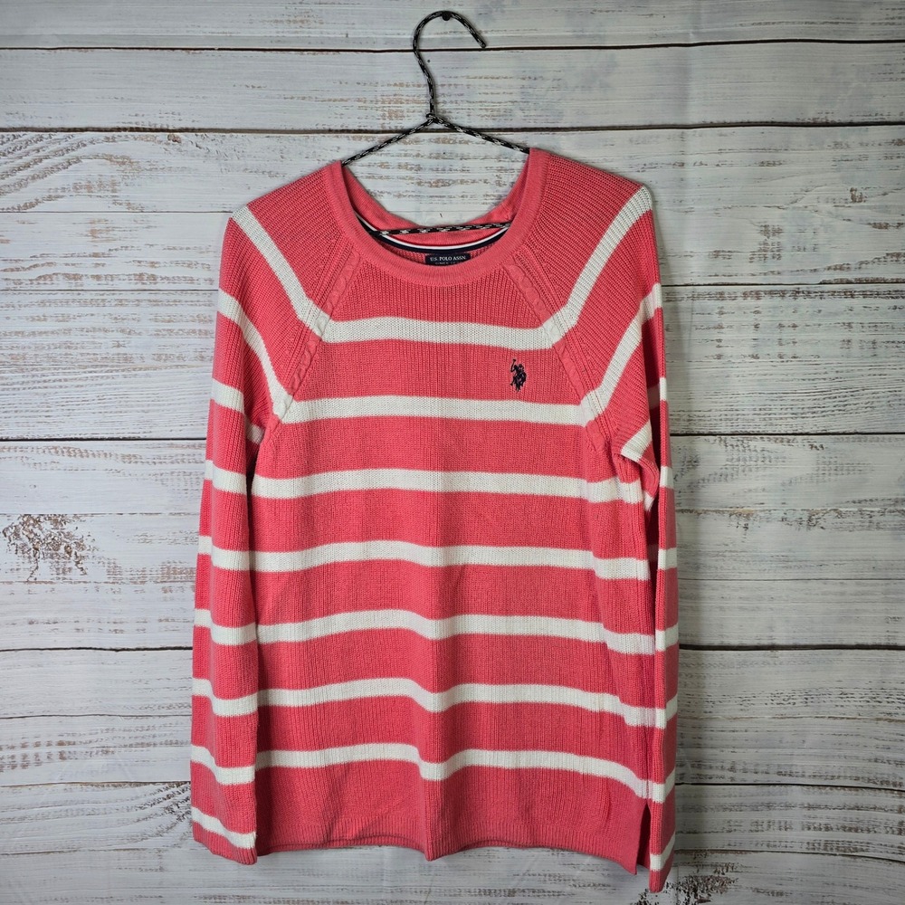 U.S. Polo Assn Women's Large Coral Pink White Striped Knit Sweater